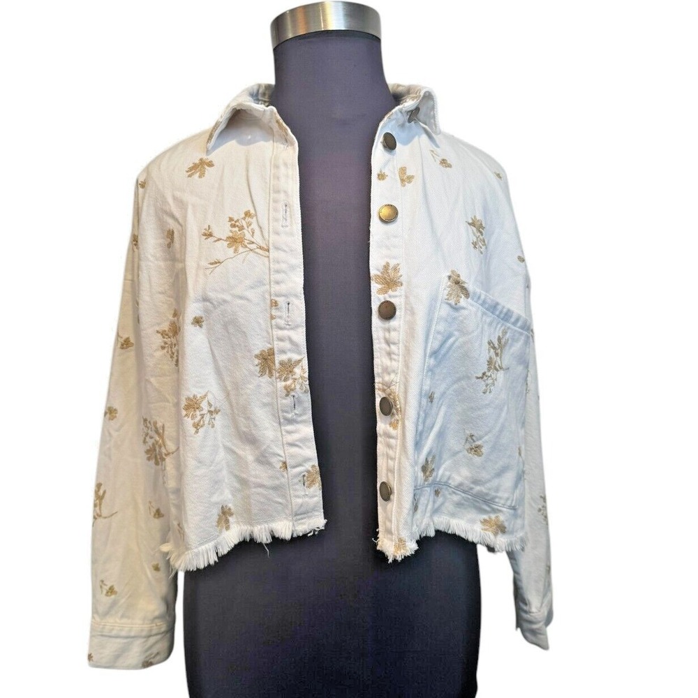 Zara denim jacket jean shirt white metallic floral embroidery medium NWT - Picture 3 of 11